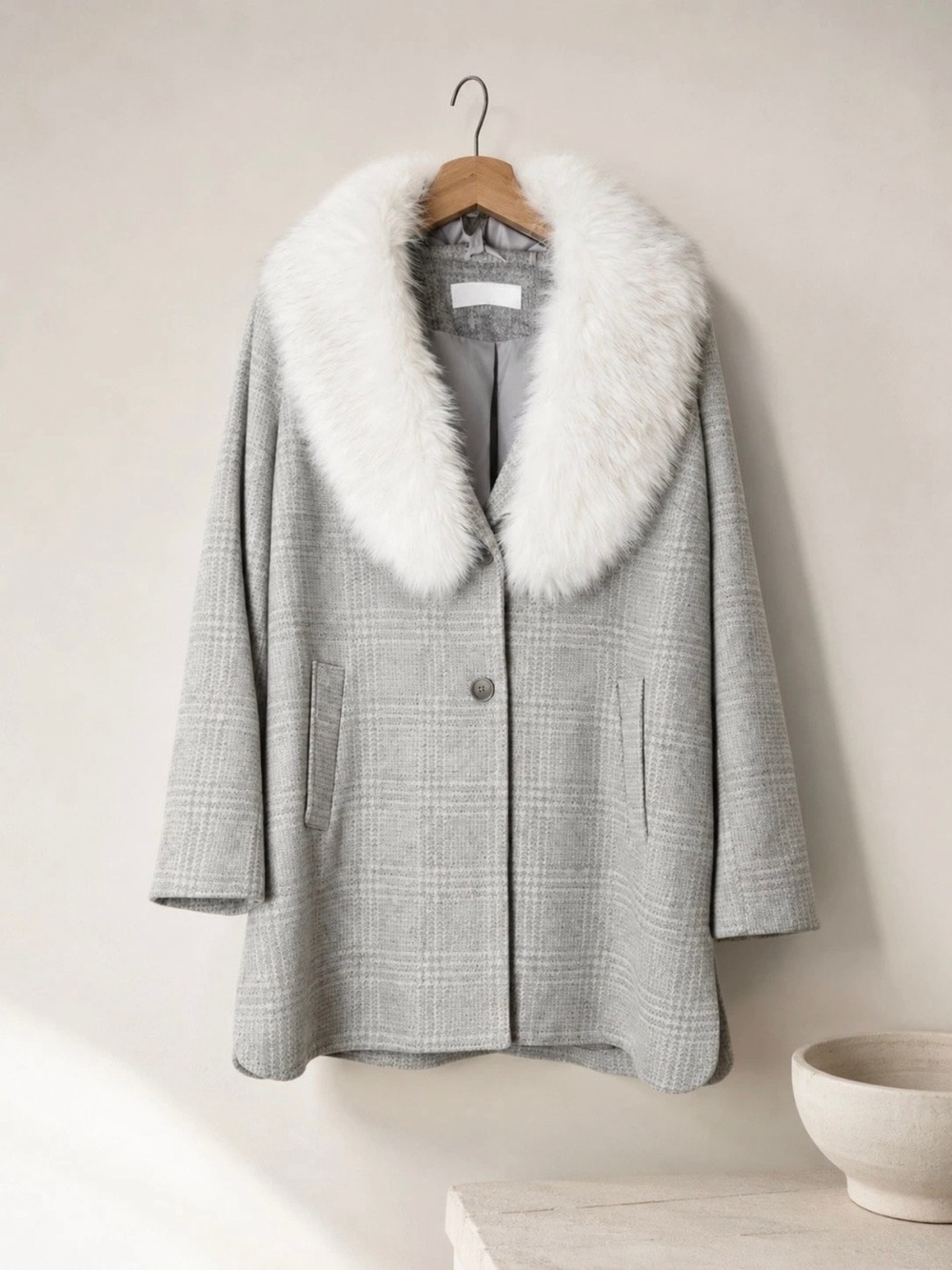 NWT T Tahari Olivia Tonal Gray Plaid Coat with Removable Faux Fur Collar Size 1X